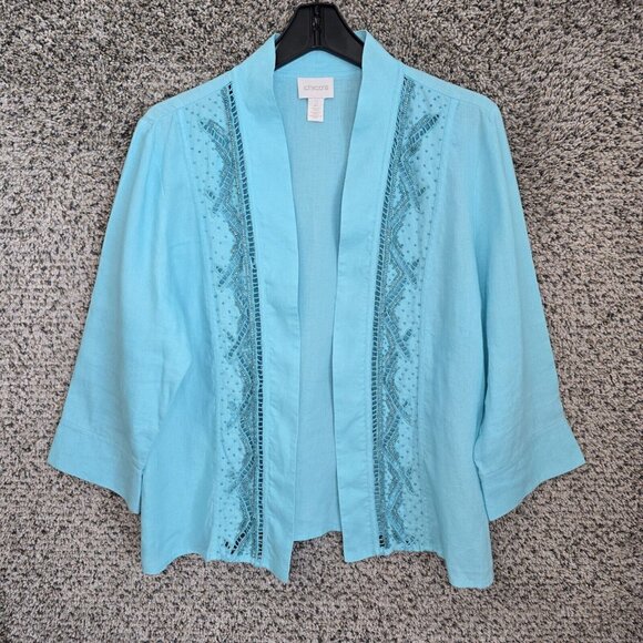 Chicos Cardigan Womens 2 US Large Blue Linen Open Front‎ Beaded Casual Ladies - Picture 1 of 7